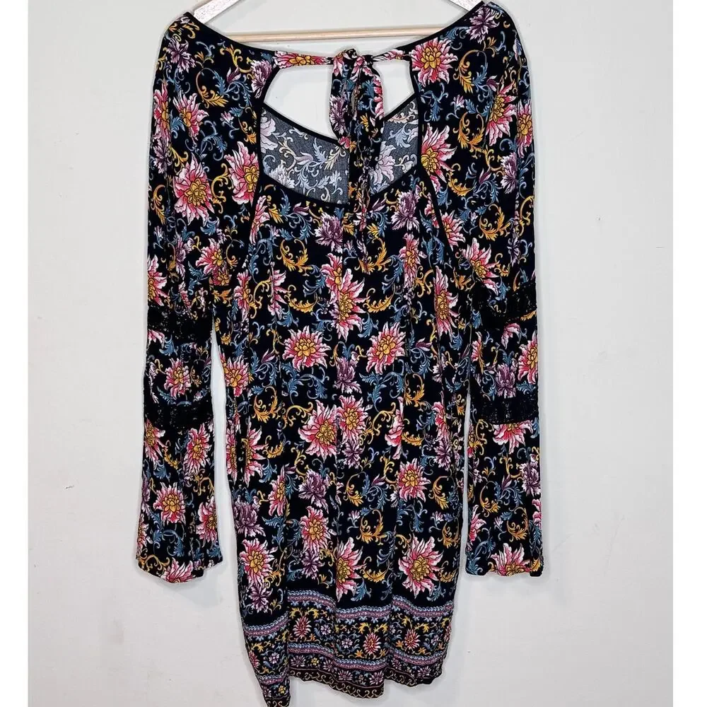 Xhilaration Women's Floral Long Bell Sleeve Boho Dress Large - Picture 3 of 4